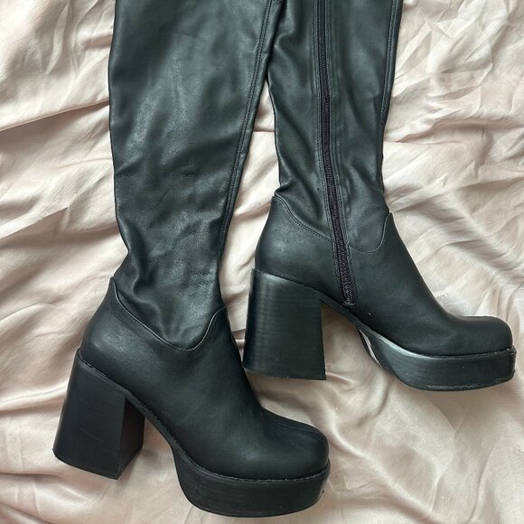 Black Platform Knee-High Boots | Chunky Heel | Size 10 - Picture 5 of 6